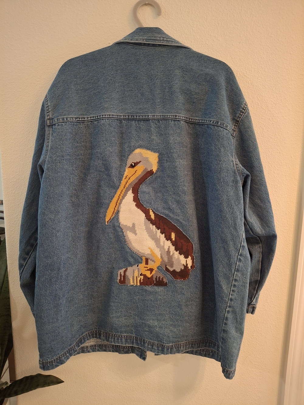 Fisherman Aesthetic Denim Shacket with Pelican Needlepoint